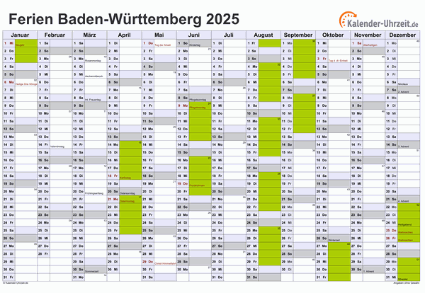 Ferienkalender 2025 für Baden-Württemberg - A4 quer-einseitig