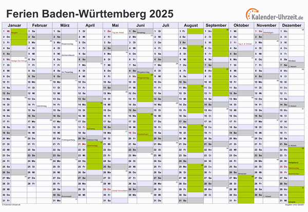 Ferien 2025 Baden-Württemberg im Kalender - A4 quer-einseitig Ferienkalender 2025 für Baden-Württemberg - A4 quer-einseitig