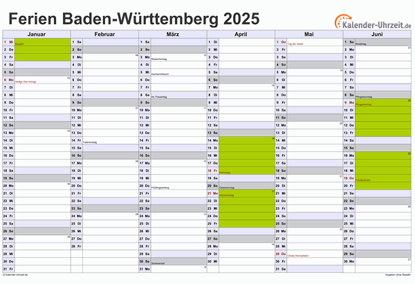 Ferienkalender 2025 für Baden-Württemberg - A4 quer-zweiseitig