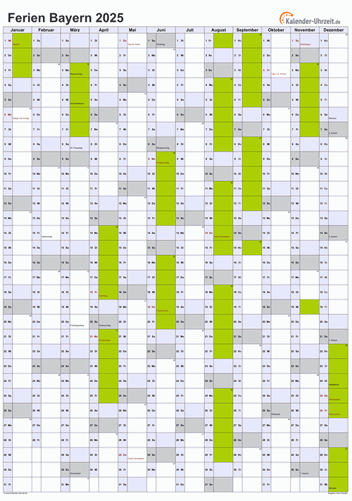 Ferien 2025 Bayern im Kalender - A4 hoch-einseitig Ferienkalender 2025 für Bayern - A4 hoch-einseitig