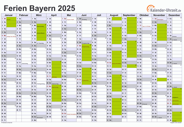 Ferienkalender 2025 für Bayern - A4 quer-einseitig