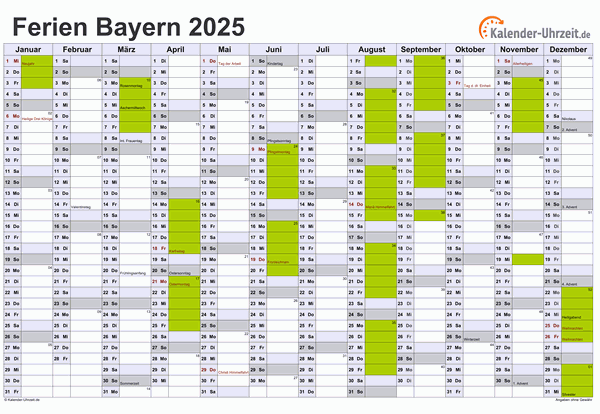 Ferien 2025 Bayern im Kalender - A4 quer-einseitig Ferienkalender 2025 für Bayern - A4 quer-einseitig