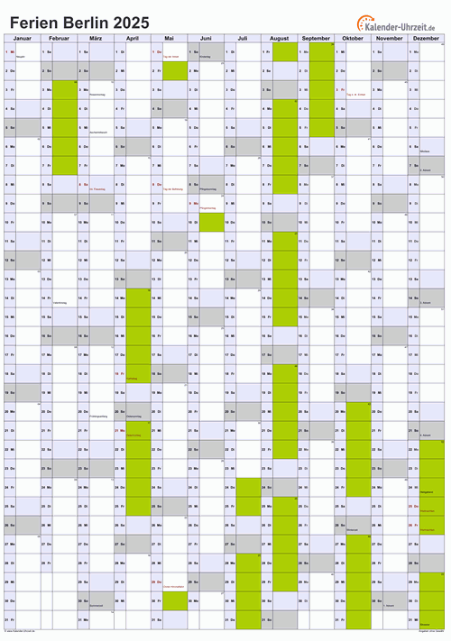 Ferienkalender 2025 für Berlin - A4 hoch-einseitig
