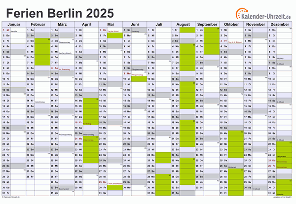 Ferienkalender 2025 für Berlin - A4 quer-einseitig