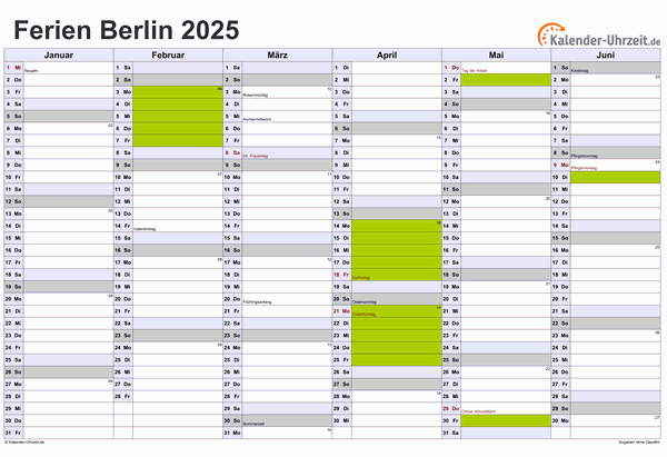 Ferienkalender 2025 für Berlin - A4 quer-zweiseitig