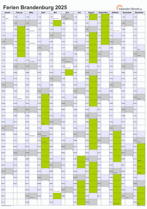 Ferienkalender 2025 für Brandenburg - A4 hoch-einseitig