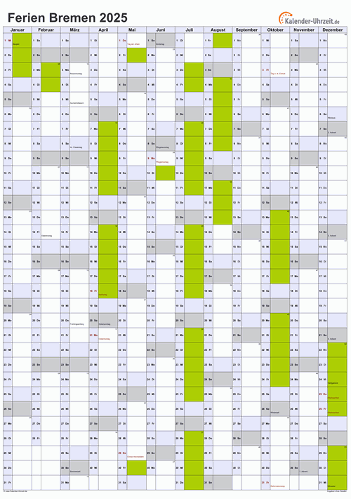 Ferien 2025 Bremen im Kalender - A4 hoch-einseitig Ferienkalender 2025 für Bremen - A4 hoch-einseitig