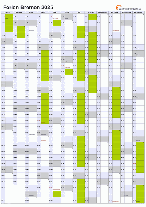 Ferienkalender 2025 für Bremen - A4 hoch-einseitig