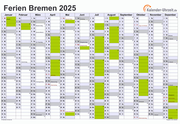 Ferienkalender 2025 für Bremen - A4 quer-einseitig