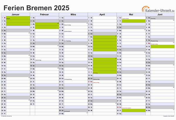 Ferienkalender 2025 für Bremen - A4 quer-zweiseitig