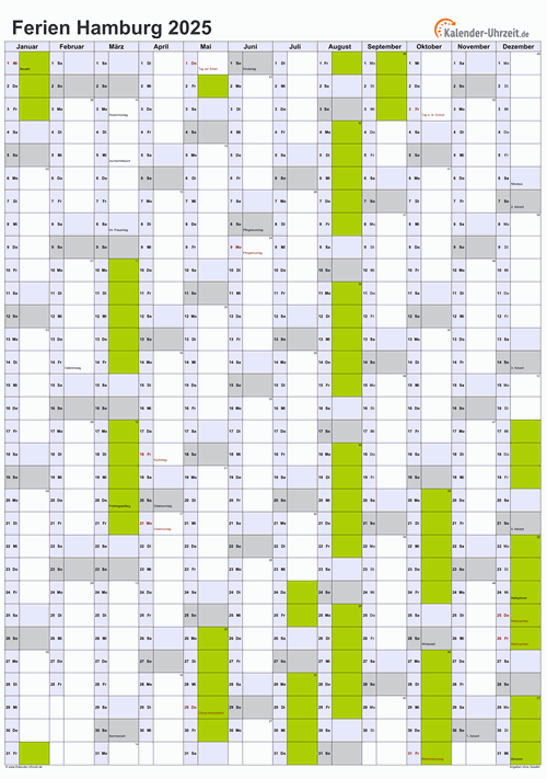 Ferienkalender 2025 für Hamburg - A4 hoch-einseitig