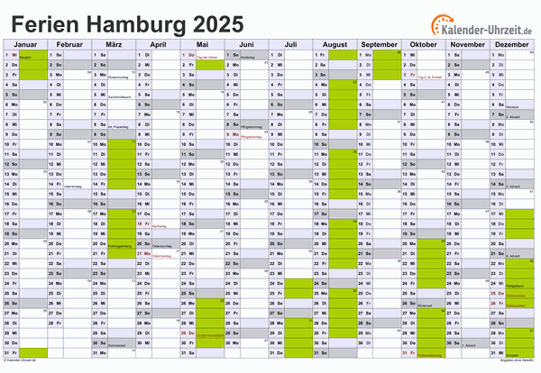 Ferienkalender 2025 für Hamburg - A4 quer-einseitig