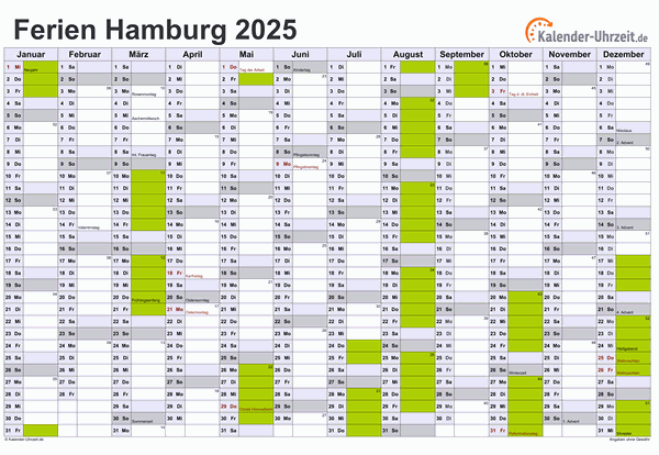 Ferien 2025 Hamburg im Kalender - A4 quer-einseitig Ferienkalender 2025 für Hamburg - A4 quer-einseitig