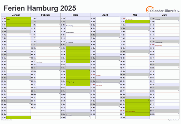 Ferien 2025 Hamburg im Kalender - A4 quer-zweiseitig Ferienkalender 2025 für Hamburg - A4 quer-zweiseitig