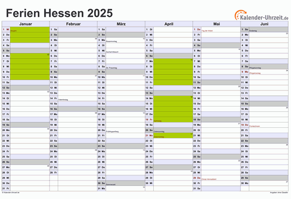 Ferien 2025 Hessen im Kalender - A4 quer-zweiseitig Ferienkalender 2025 für Hessen - A4 quer-zweiseitig