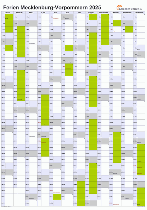 Ferien 2025 Meck.-Pomm. im Kalender - A4 hoch-einseitig Ferienkalender 2025 für Meck.-Pomm. - A4 hoch-einseitig