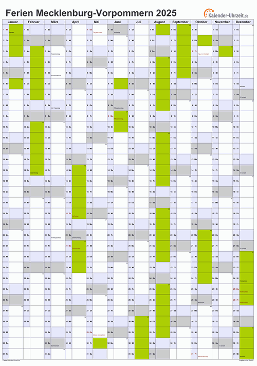 Ferienkalender 2025 für Meck.-Pomm. - A4 hoch-einseitig