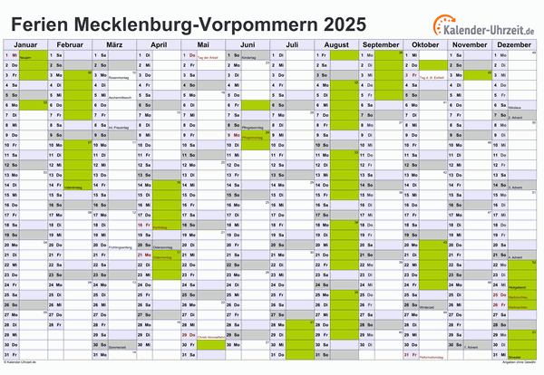 Ferien 2025 Meck.-Pomm. im Kalender - A4 quer-einseitig Ferienkalender 2025 für Meck.-Pomm. - A4 quer-einseitig