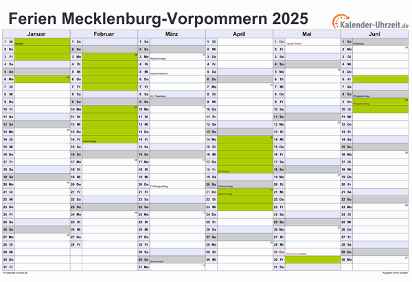 Ferien 2025 Meck.-Pomm. im Kalender - A4 quer-zweiseitig Ferienkalender 2025 für Meck.-Pomm. - A4 quer-zweiseitig