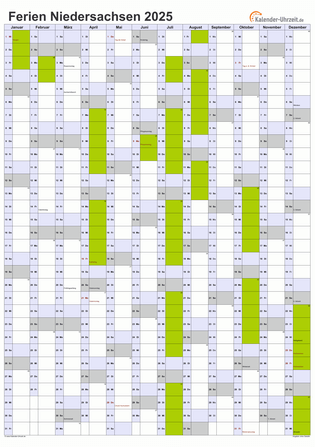 Ferien 2025 Niedersachsen im Kalender - A4 hoch-einseitig Ferienkalender 2025 für Niedersachsen - A4 hoch-einseitig