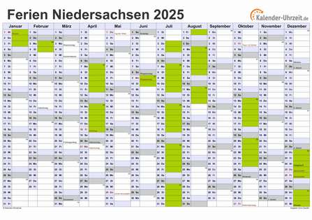 Ferien 2025 Niedersachsen im Kalender - A4 quer-einseitig Ferienkalender 2025 für Niedersachsen - A4 quer-einseitig
