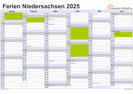 Ferienkalender 2025 für Niedersachsen - A4 quer-zweiseitig