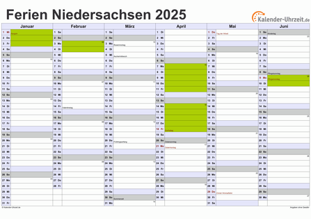 Ferien 2025 Niedersachsen im Kalender - A4 quer-zweiseitig Ferienkalender 2025 für Niedersachsen - A4 quer-zweiseitig