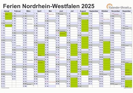 Ferien 2025 Nordrhein-Westfalen im Kalender - A4 quer-einseitig Ferienkalender 2025 für Nordrhein-Westfalen - A4 quer-einseitig