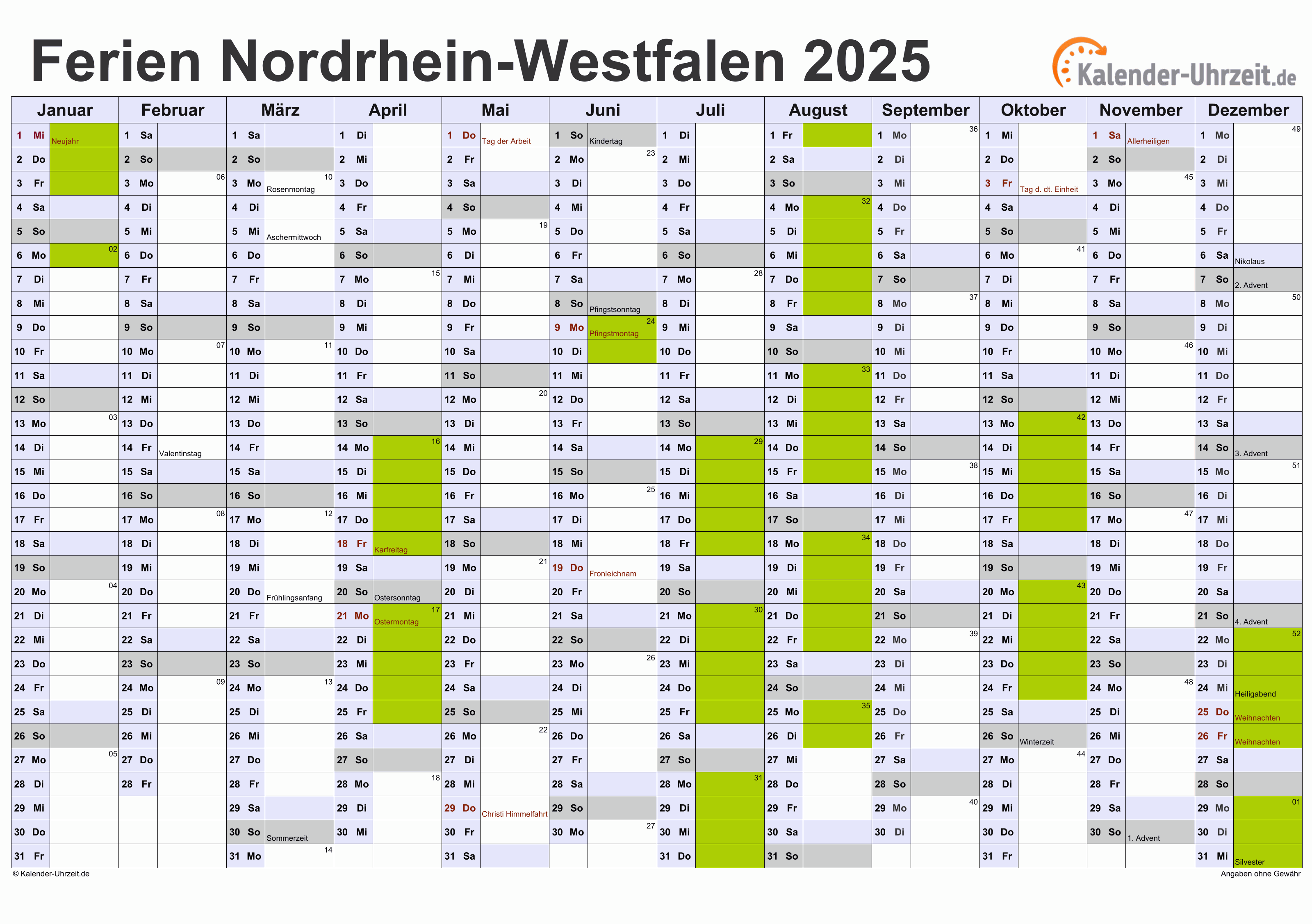 Ferien Nordrhein Westfalen 2025 Ferienkalender Zum Ausdrucken