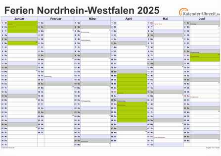 Ferienkalender 2025 für Nordrhein-Westfalen - A4 quer-zweiseitig