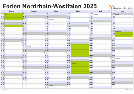 Ferien 2025 Nordrhein-Westfalen im Kalender - A4 quer-zweiseitig Ferienkalender 2025 für Nordrhein-Westfalen - A4 quer-zweiseitig