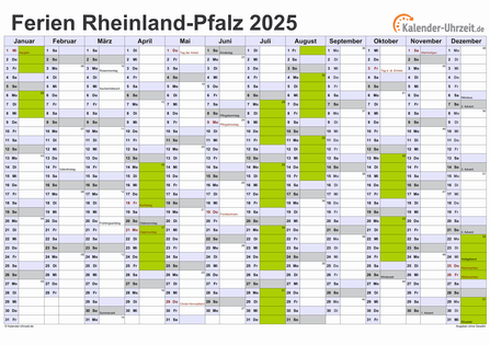 Ferien 2025 Rheinland-Pfalz im Kalender - A4 quer-einseitig Ferienkalender 2025 für Rheinland-Pfalz - A4 quer-einseitig