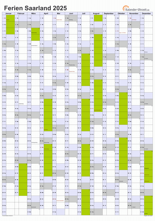 Ferien 2025 Saarland im Kalender - A4 hoch-einseitig Ferienkalender 2025 für Saarland - A4 hoch-einseitig