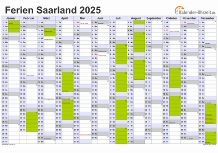 Ferien 2025 Saarland im Kalender - A4 quer-einseitig Ferienkalender 2025 für Saarland - A4 quer-einseitig