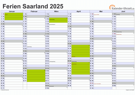 Ferien 2025 Saarland im Kalender - A4 quer-zweiseitig Ferienkalender 2025 für Saarland - A4 quer-zweiseitig