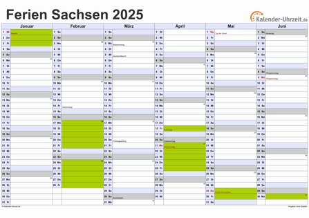 Ferien 2025 Sachsen im Kalender - A4 quer-zweiseitig Ferienkalender 2025 für Sachsen - A4 quer-zweiseitig