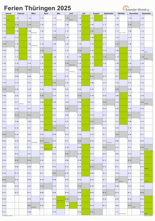 Ferienkalender 2025 für Thüringen - A4 hoch-einseitig