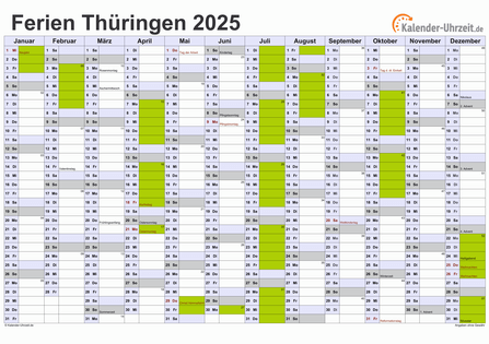 Ferien 2025 Thüringen im Kalender - A4 quer-einseitig Ferienkalender 2025 für Thüringen - A4 quer-einseitig