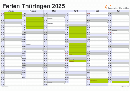 Ferienkalender 2025 für Thüringen - A4 quer-zweiseitig