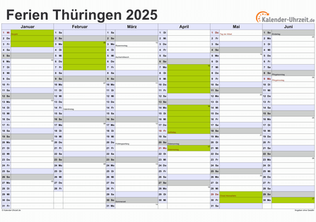 Ferien 2025 Thüringen im Kalender - A4 quer-zweiseitig Ferienkalender 2025 für Thüringen - A4 quer-zweiseitig