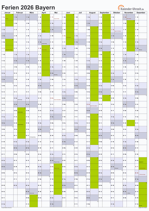 Ferienkalender 2026 für Bayern - A4 hoch-einseitig