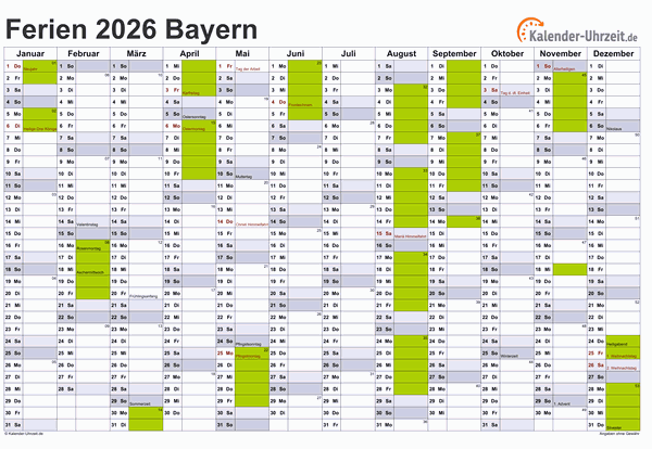 Ferienkalender 2026 für Bayern - A4 quer-einseitig
