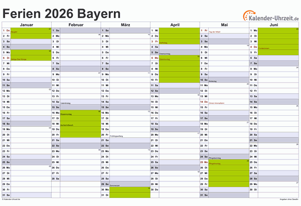 Ferienkalender 2026 für Bayern - A4 quer-zweiseitig