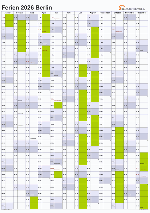 Ferienkalender 2026 für Berlin - A4 hoch-einseitig
