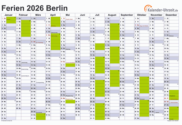 Ferienkalender 2026 für Berlin - A4 quer-einseitig