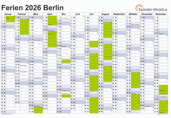 Ferien 2026 Berlin im Kalender - A4 quer-einseitig Ferienkalender 2026 für Berlin - A4 quer-einseitig