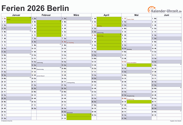 Ferienkalender 2026 für Berlin - A4 quer-zweiseitig