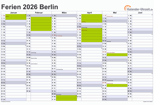 Ferien 2026 Berlin im Kalender - A4 quer-zweiseitig Ferienkalender 2026 für Berlin - A4 quer-zweiseitig