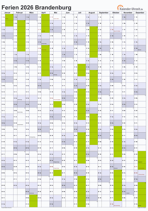 Ferien 2026 Brandenburg im Kalender - A4 hoch-einseitig Ferienkalender 2026 für Brandenburg - A4 hoch-einseitig