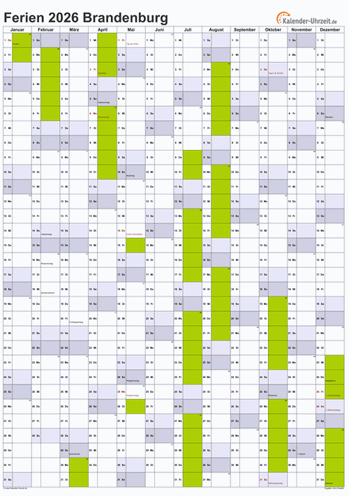 Ferienkalender 2026 für Brandenburg - A4 hoch-einseitig